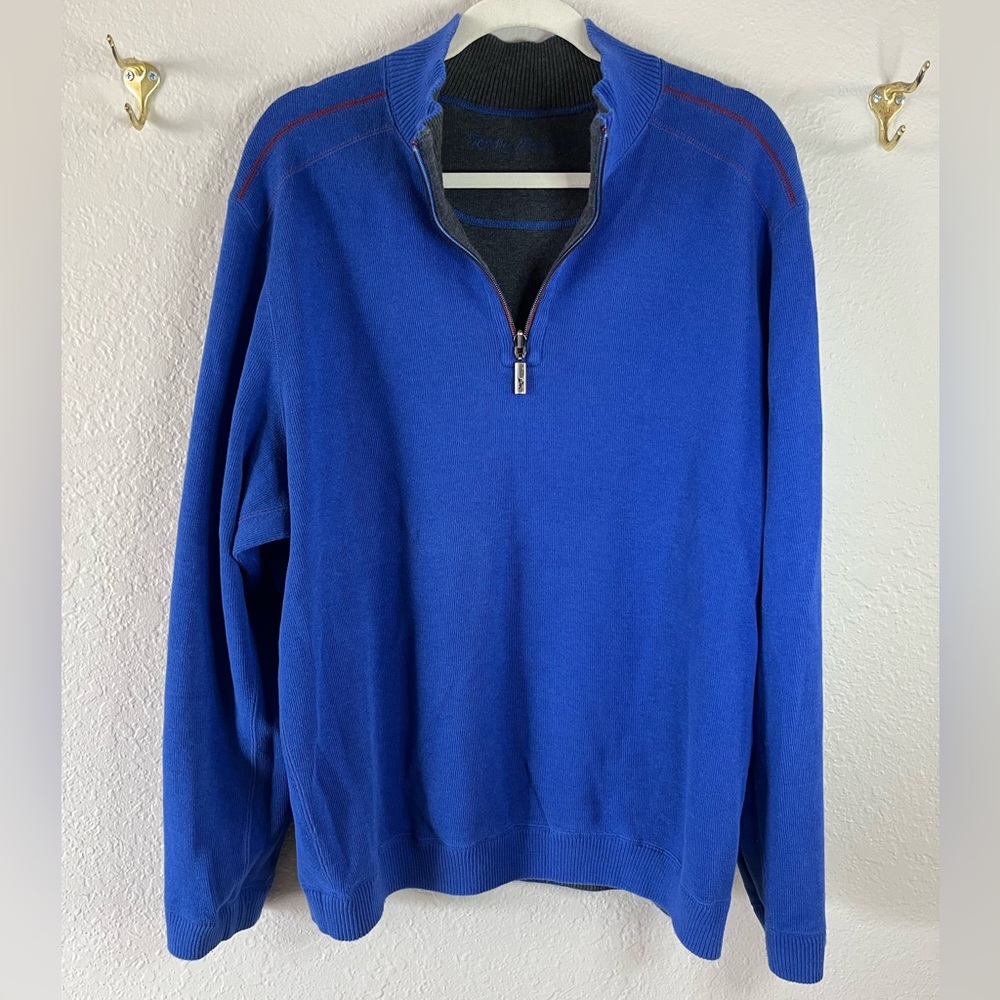 Tommy Bahama Men’s XL Reversible 1/4 Zip Mock Neck Sweater Royal Blue Gray EUC